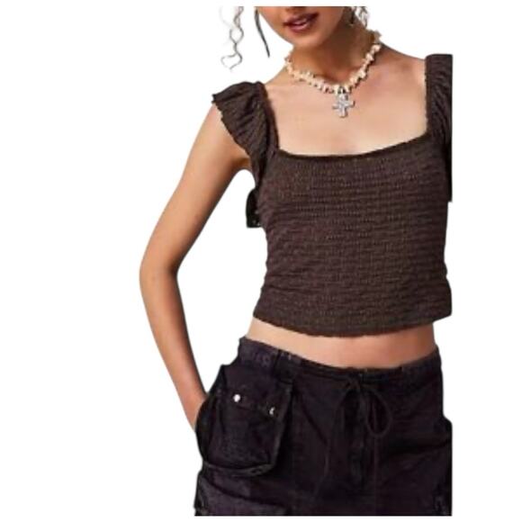 Free People Ruffle Strap Smocked Crop Top Brown Bohemian Size S - Picture 1 of 9